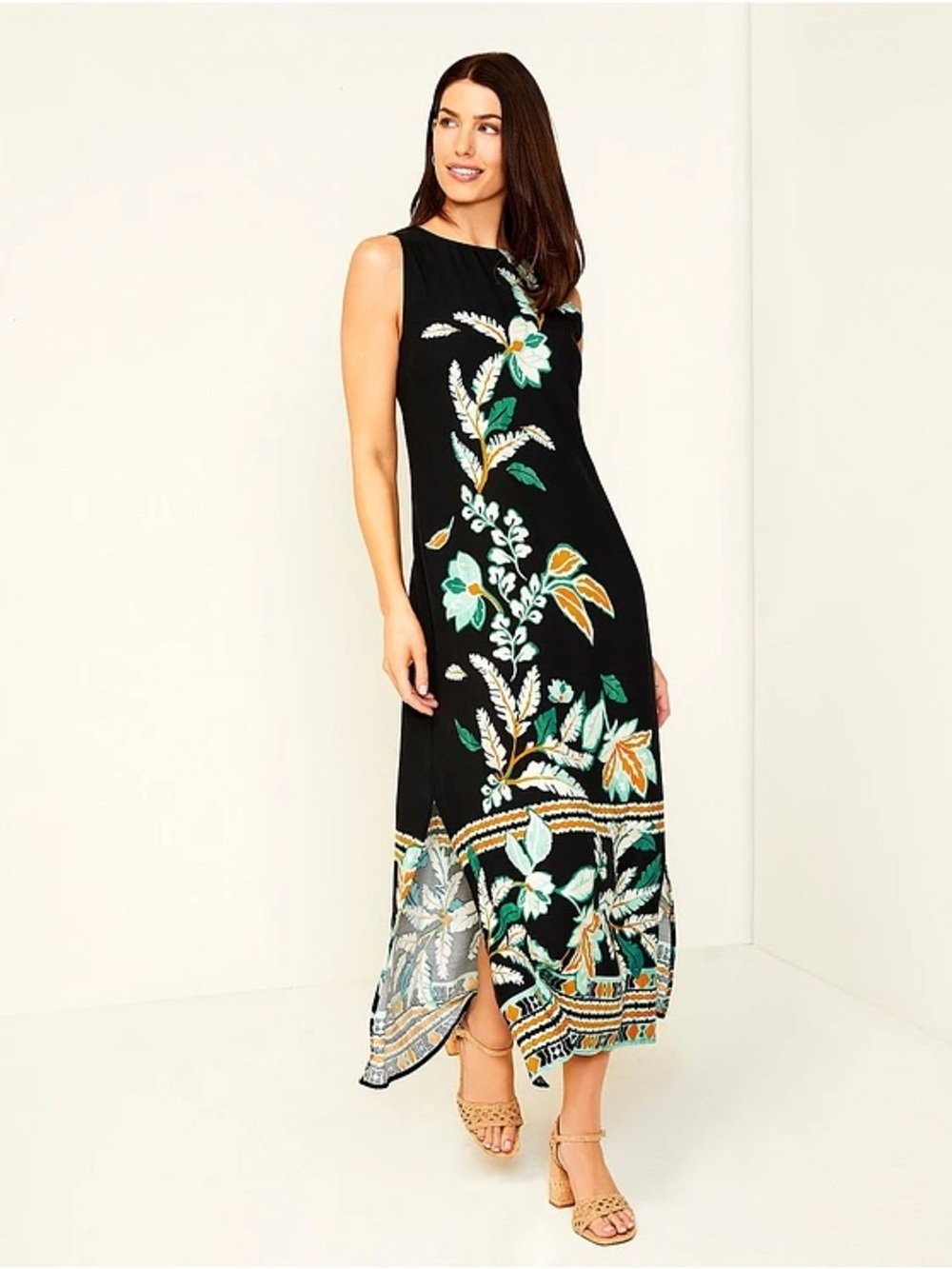 Slim Factor by Investments Fir Tropical Tapestry Print Maxi Dress